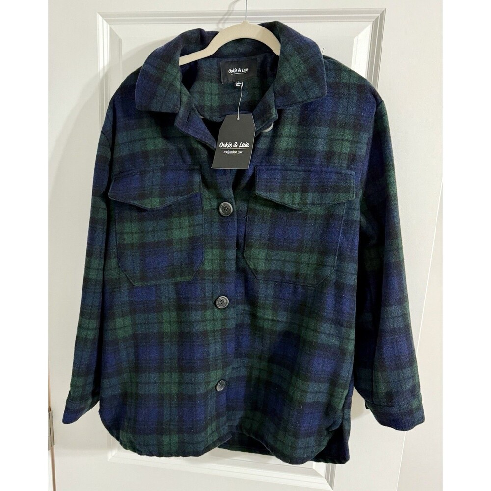 Ookie & Lala Shacket | Green & Navy Blue | Plaid Flannel Jacket | Women's Size L